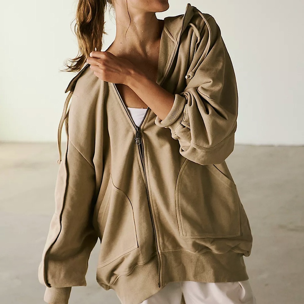 Free People Tan Oversized 3/4 Sleeve Sweatshirt